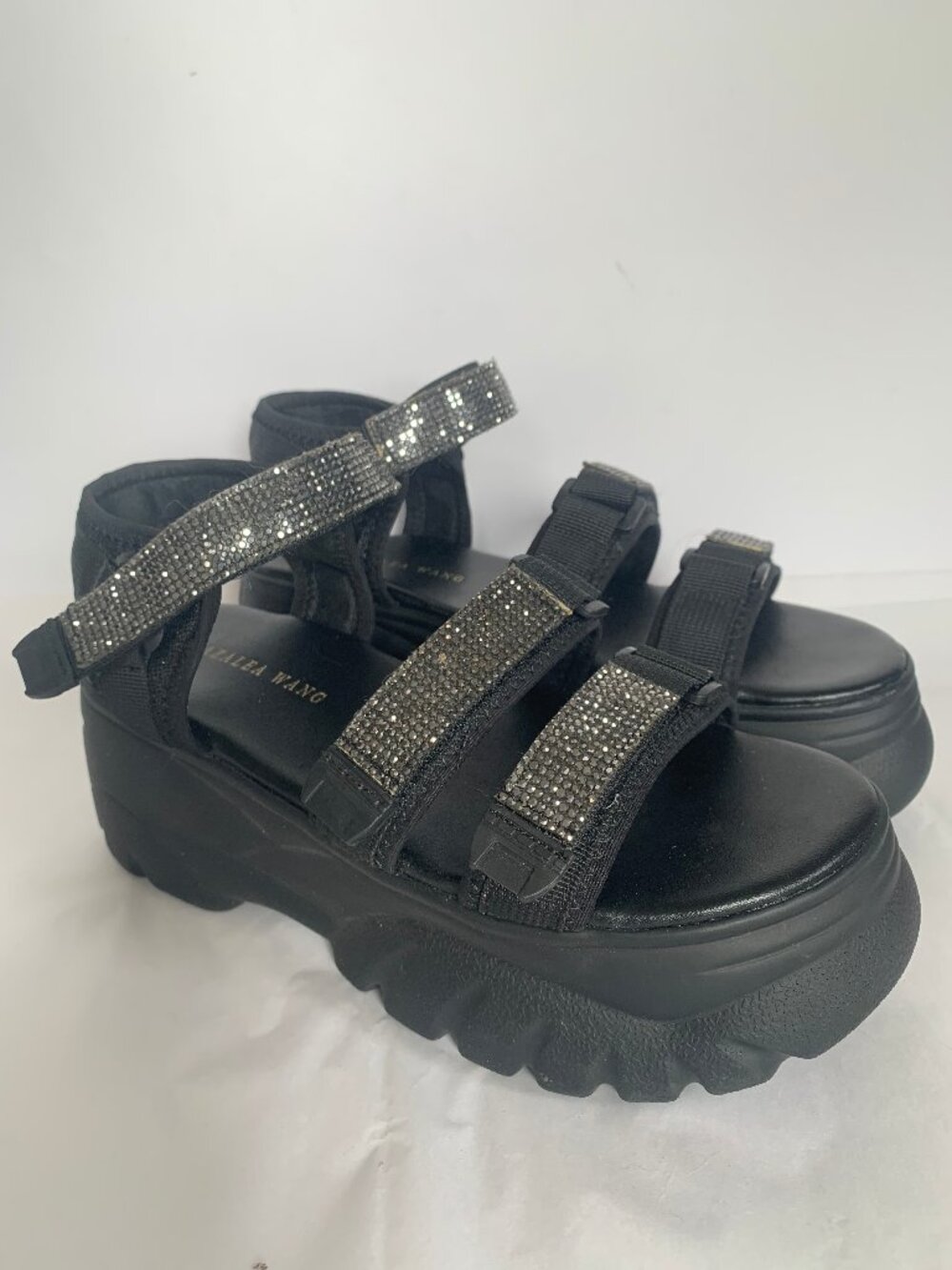 Azalea Wang Chunky black platform rhinestone mirror ball Strap Sandals 8 Glam